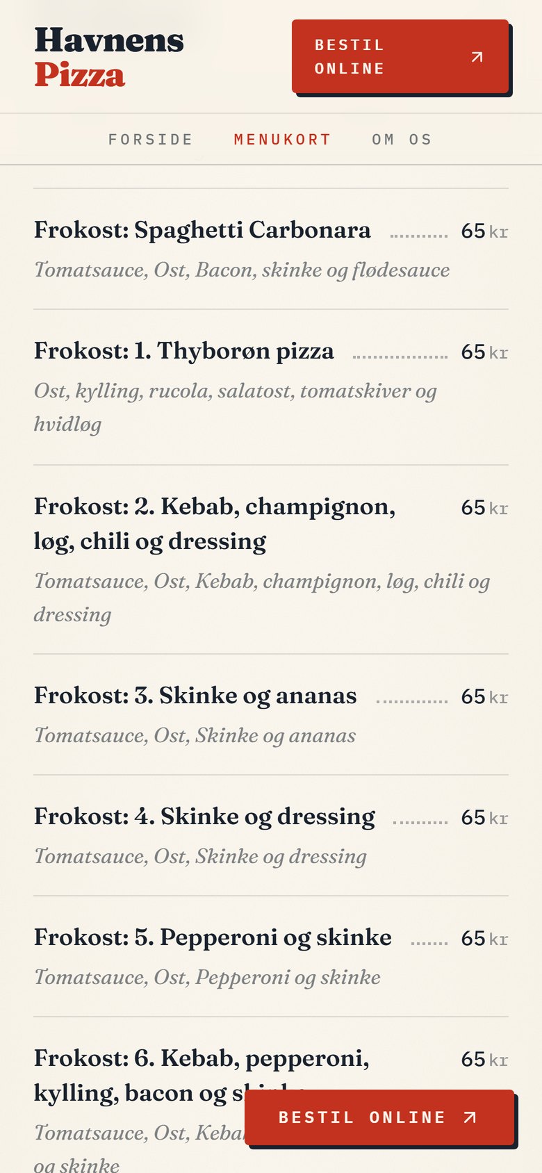 Menukort på mobil hos Havnens Pizza Thyborøn, med bestil online-knap